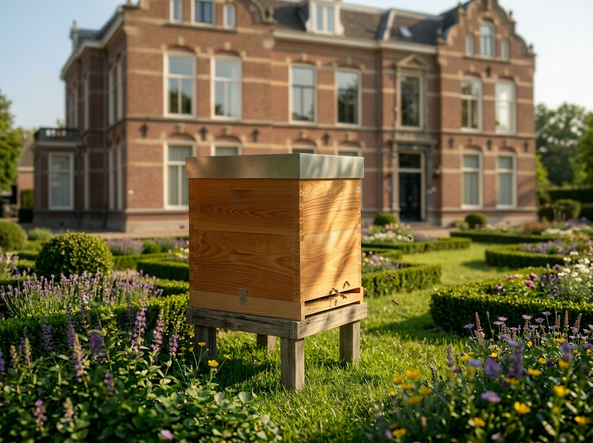 Houten bijenkast in de tuin van een klassieke Nederlandse villa